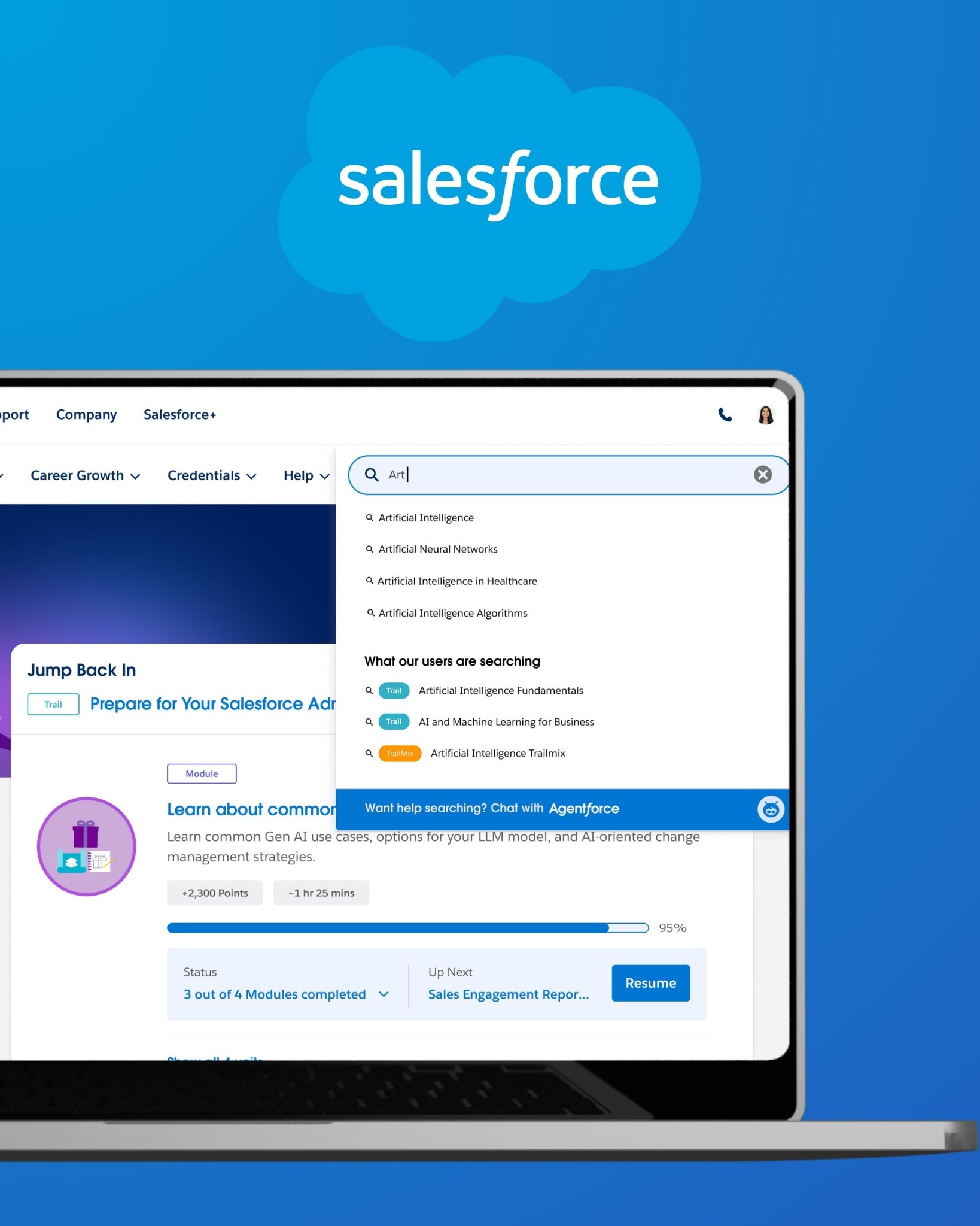 Salesforce Trailhead search concept shown on a desktop experience with guided search and AI support.