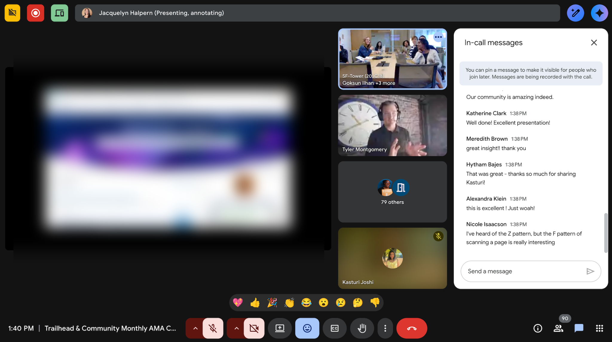 Kasturi presenting Trailhead research and prototype recommendations during a large virtual meeting with leadership and cross-functional stakeholders.