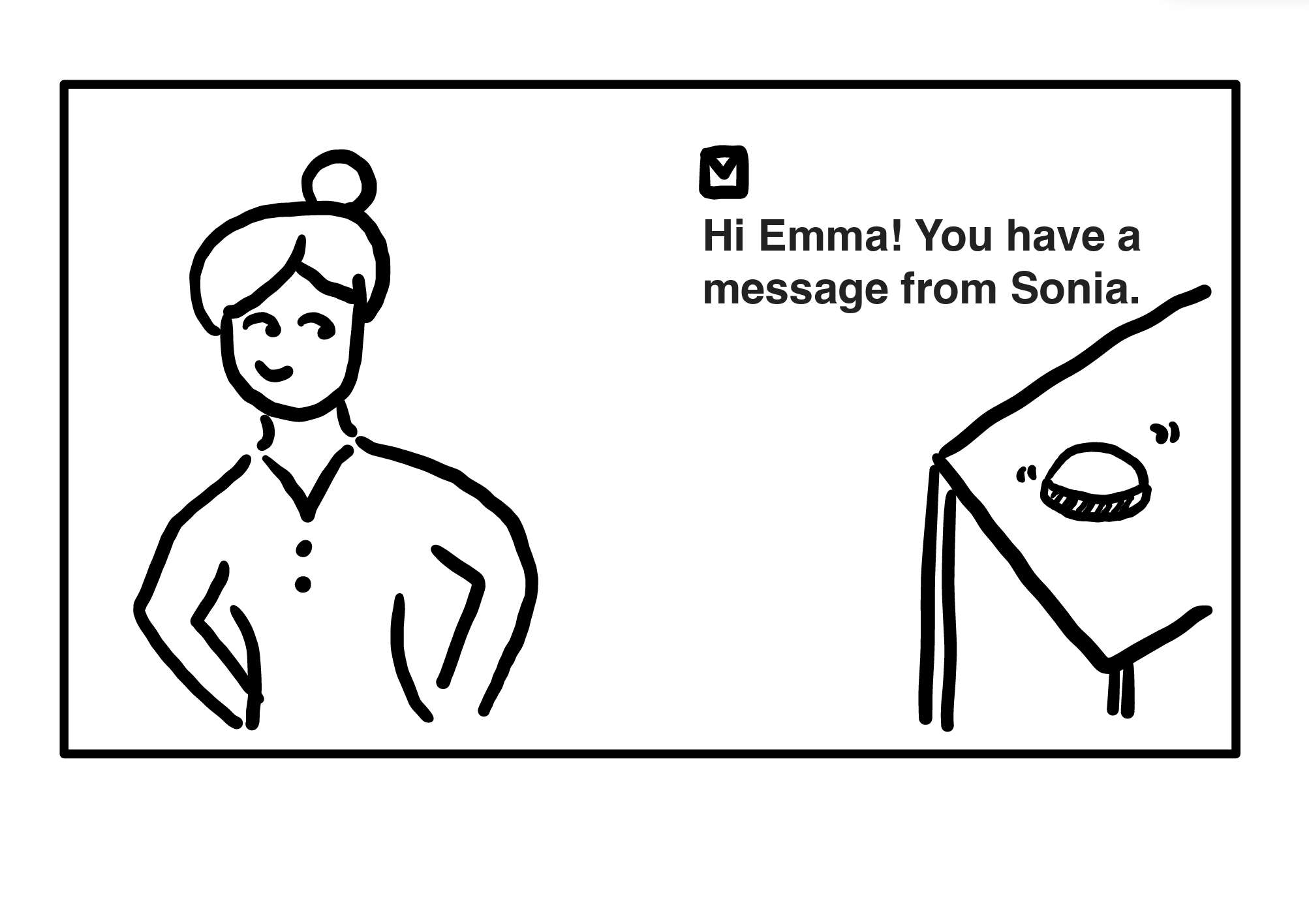 Storyboard showing an older adult receiving an accessible spoken message from a conversational assistant to help maintain an existing relationship.