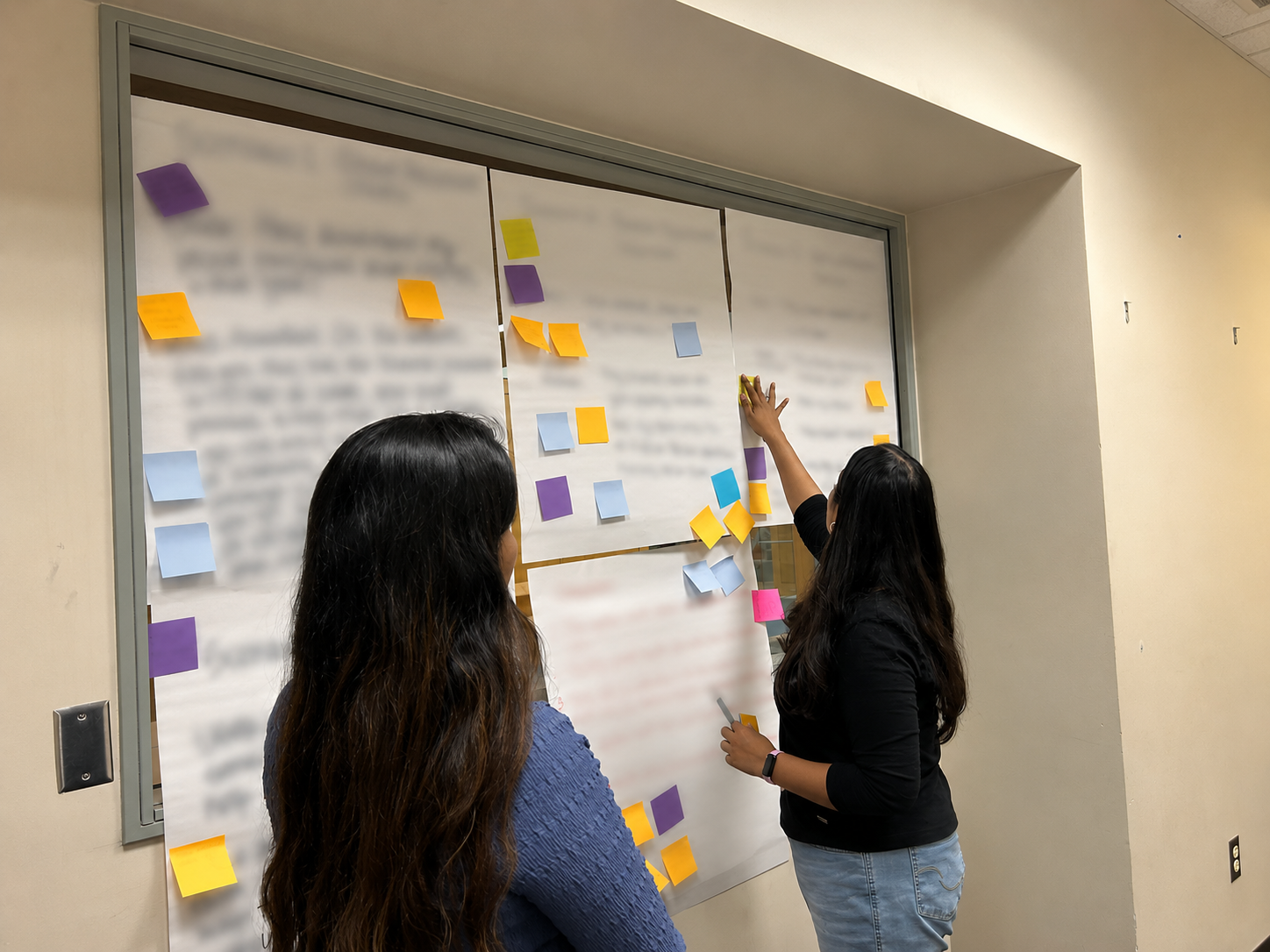 Researchers placing blurred notes and sticky notes beneath large scenario sheets during synthesis preparation.